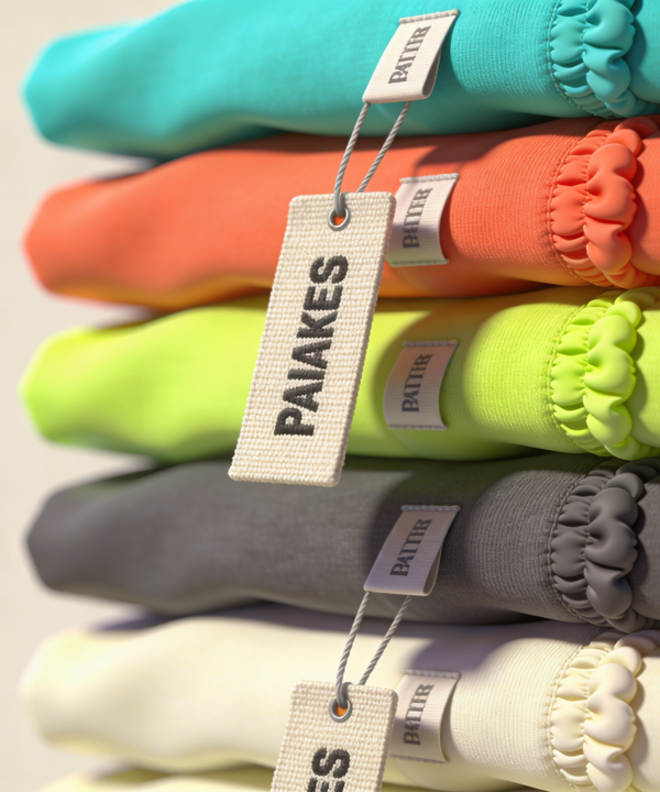 Folded garment stack with tags and puff print detail