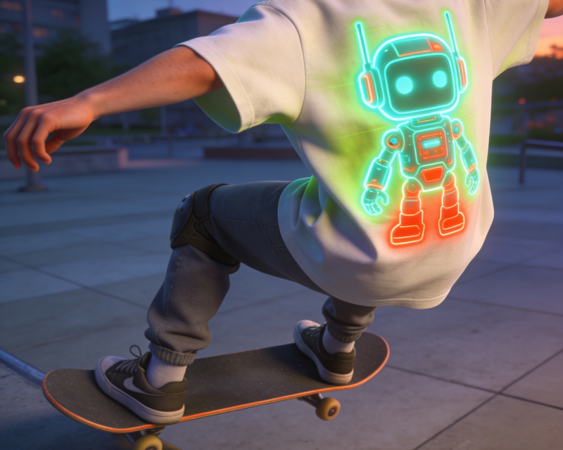 Skater wearing a PrimeCanvas oversized tee in motion