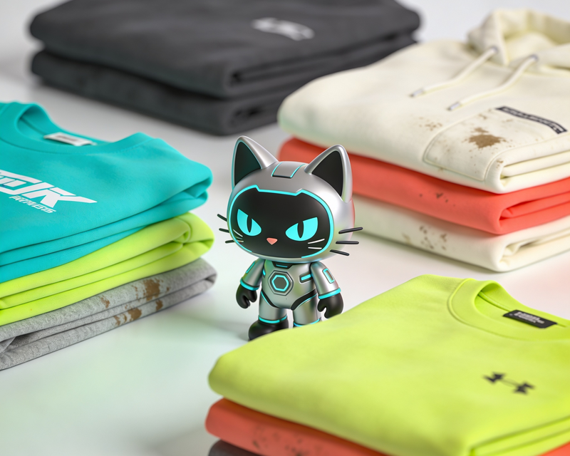 Cyber cat mascot visual with folded streetwear pieces